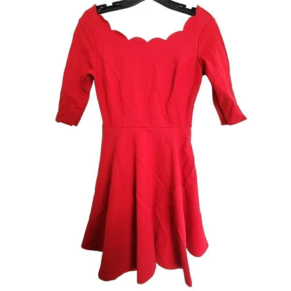 Lulu’s Fit and Flare Red Scalloped Neck 3/4 Sleeve Skater Mini Dress Size XSmall